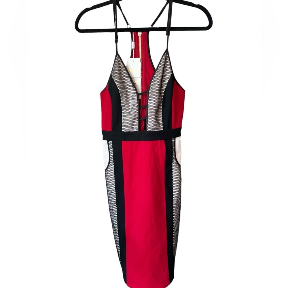 Hego Brand newBandage Plunge Dress In Red With Monochrome Mesh size small